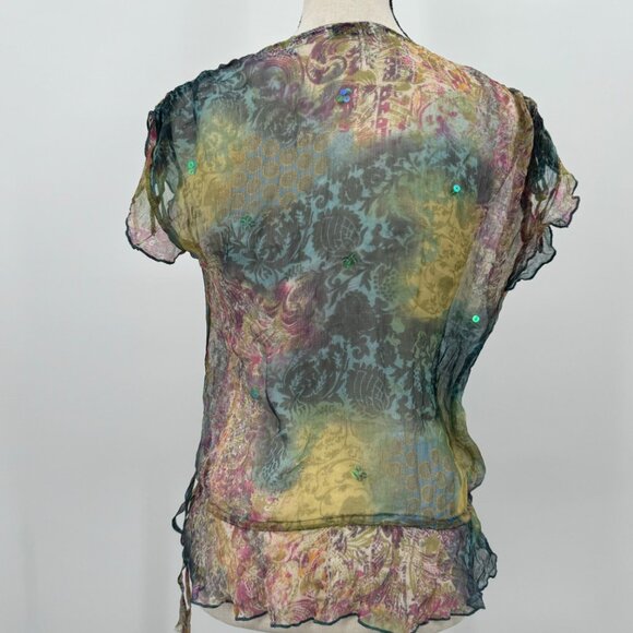 Multicolored floral print 100% silk blouse sheer see through ruffle sleeve sz 8 - Picture 5 of 7